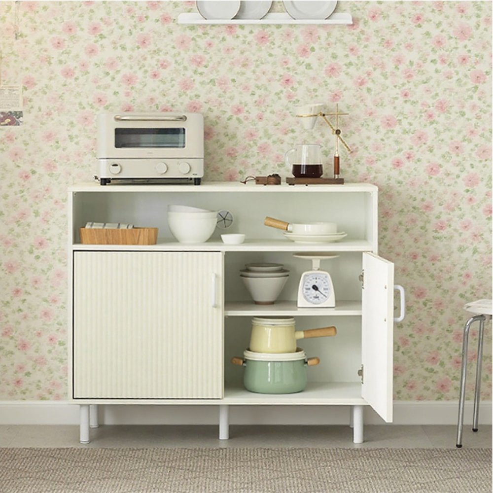 Modern Cream Fluted Door Kitchen Sideboard Multipurpose Coffee Station & Dinnerware Storage