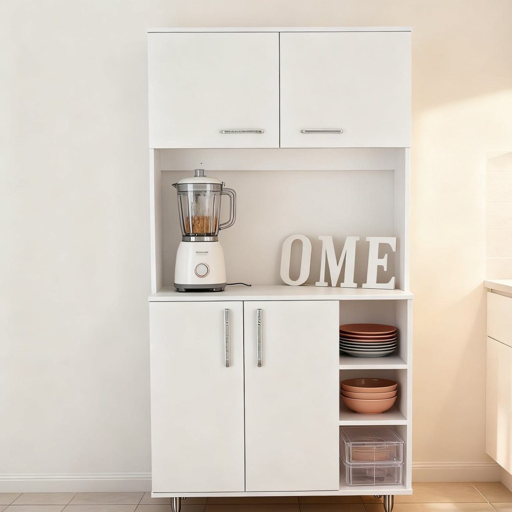 Freestanding 71" White Kitchen Pantry Cabinet with Hutch Open & Adjustable Shelves