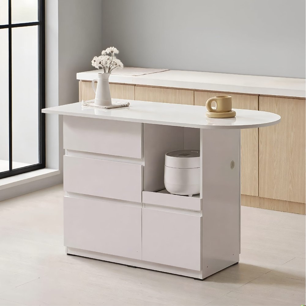 White Half-Round Top Kitchen Island with 4 Drawers Open Storage