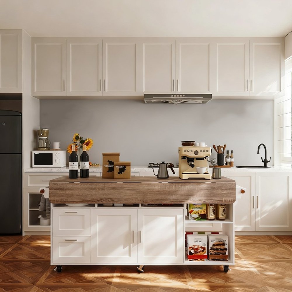 Multi-functional Rolling Kitchen Island with Drop-Leaf Tabletop & Storage Cabinets