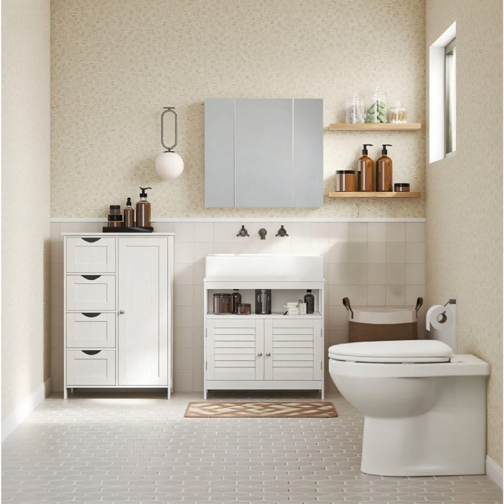 Single Door Bathroom Floor Cabinet Storage Cupboard with 4 Drawers Freestanding White 