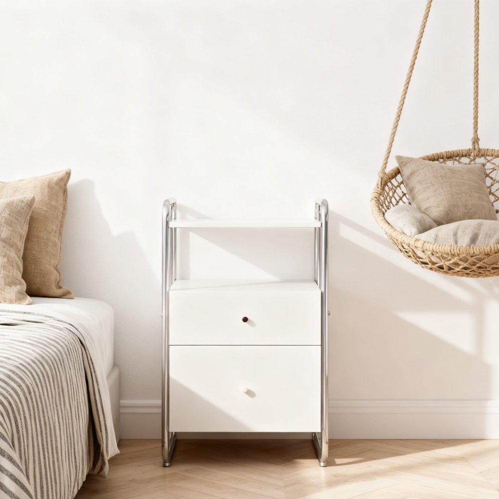 Minimalist Chrome Wood Bedside Table Storage Rack Modern Nightstand with Drawer