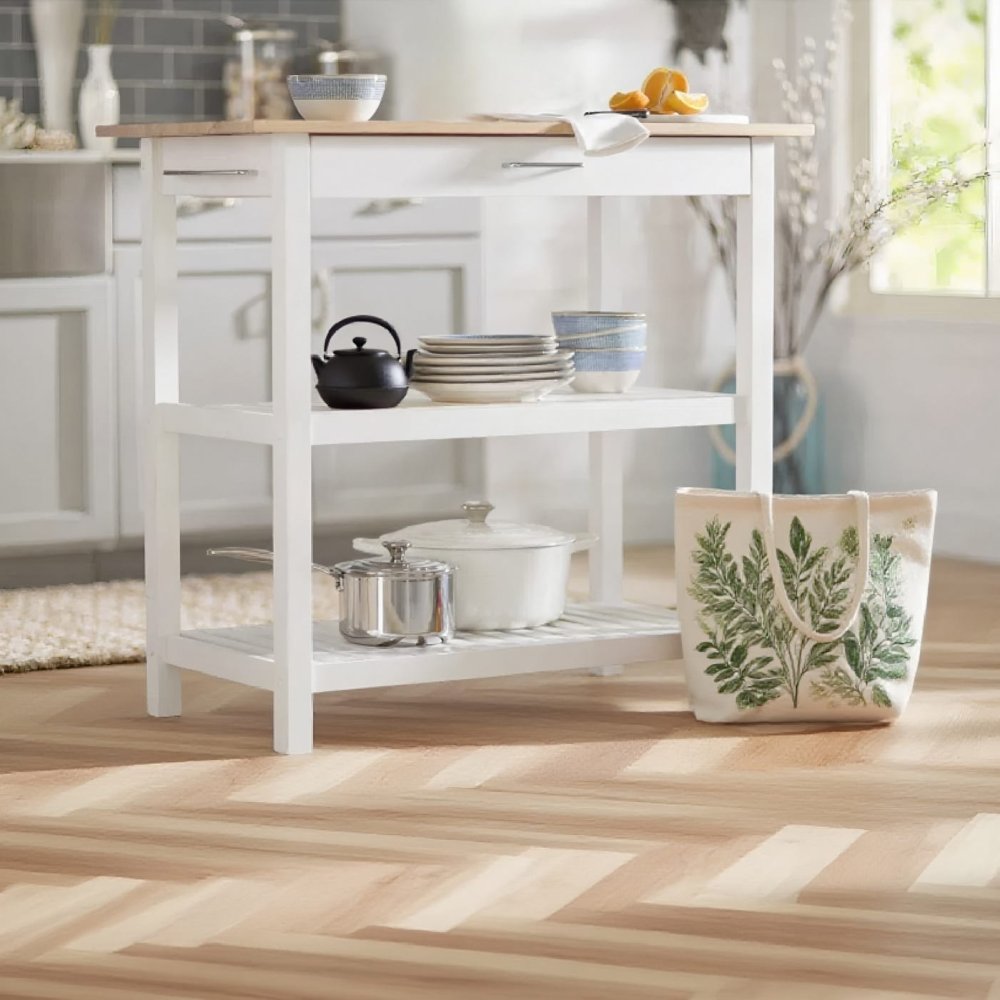 Natural Solid Wood Top Kitchen Prep Island with 2-shelf  White Base 