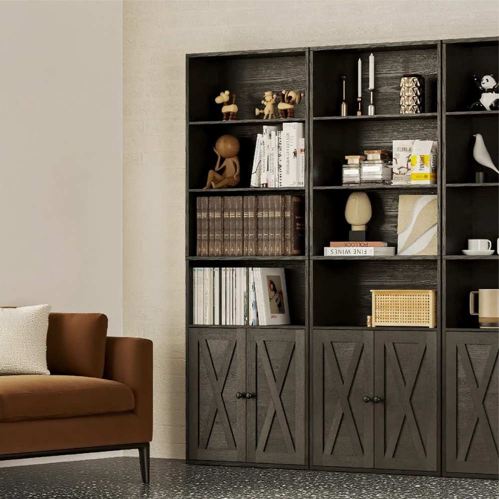 Tall Industrial 4-Tier Bookshelf Wide Bookcase with Doors Cabinets
