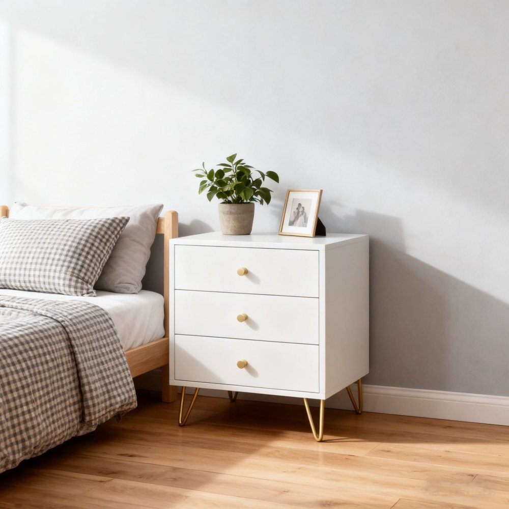 Mid Century Matte White Gold Nightstand Bedside Table 