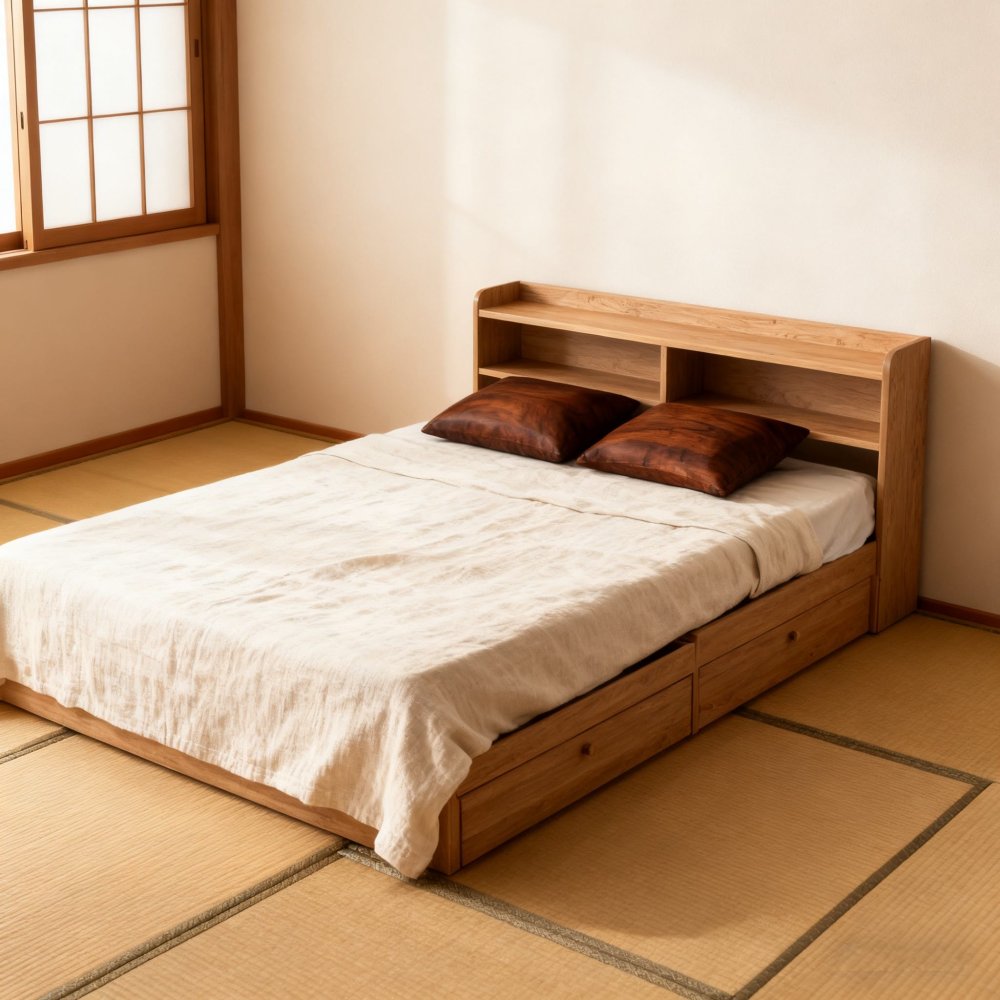 Oak Storage Double Bed Frame and Headboard Set
