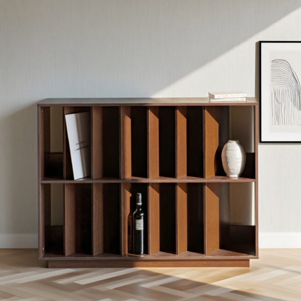 Vintage Low Open Frame Storage Shelf 2-Tier Living Room Bookshelf Vinyl Storage Unit