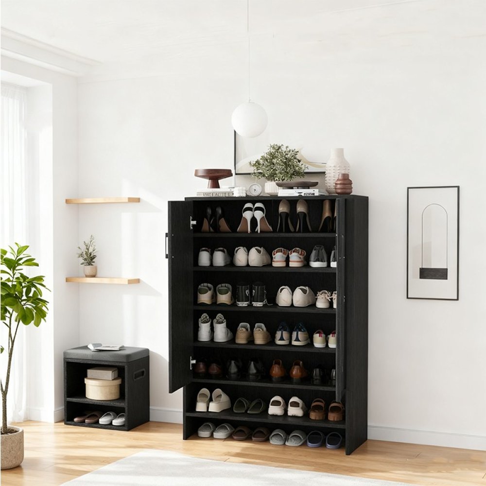 Farmhouse Wooden 7 Tier Shoe Rack Storage with with Doors and Shelves