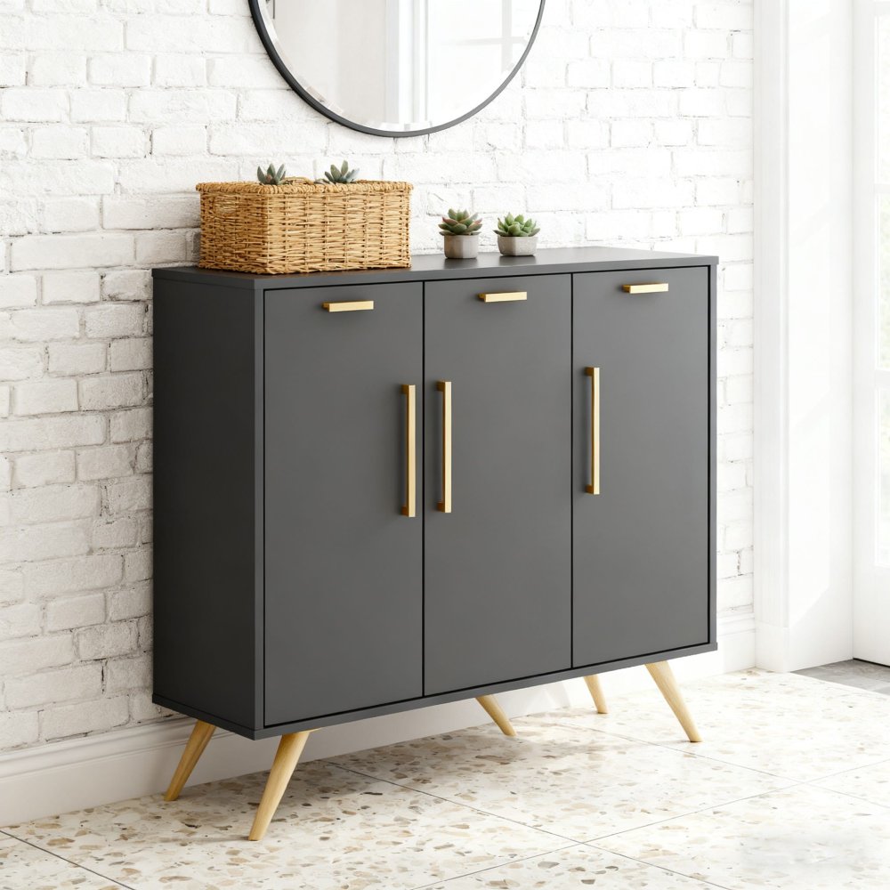 Contemporary Dark Grey and Gold Finished Shoe Organizer with Doors for Hallway