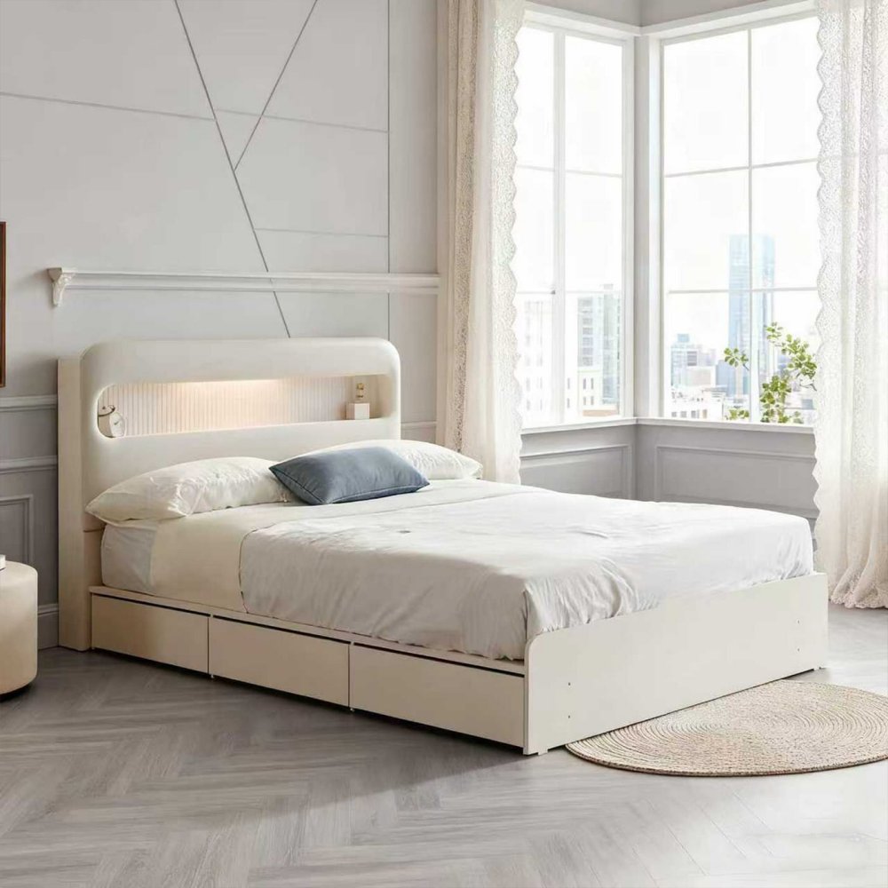 Modern KD Headboard Hollow LED Storage Bed with 3 Drawers & Headboard Niche