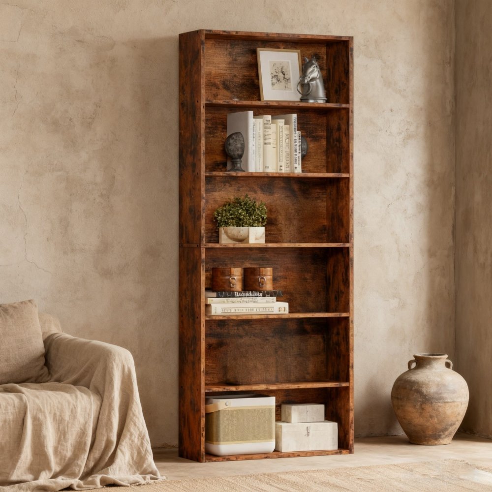 Vintage Brown Floor Standing Display 6 Shelf Bookshelves