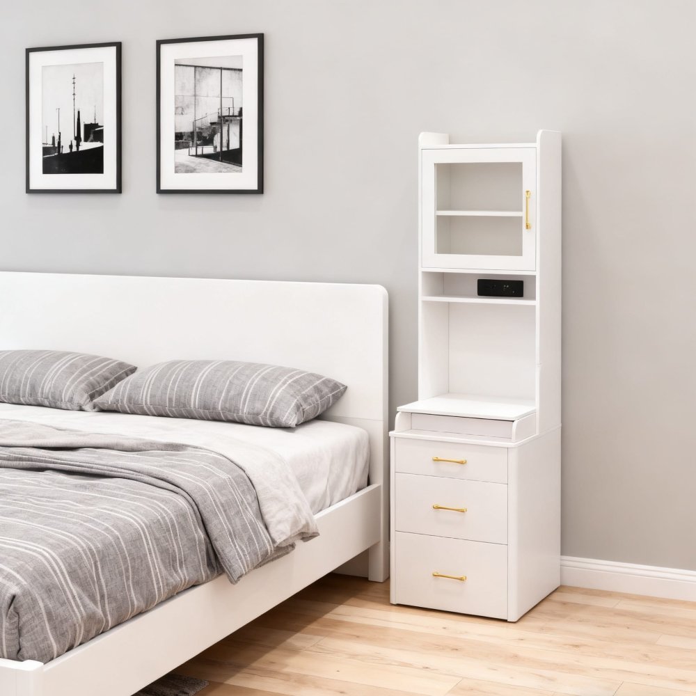Tall Narrow Vanity Desk Bedside Table with Mirror,Lights, Hidden Stool Drawers, Charging Ports 