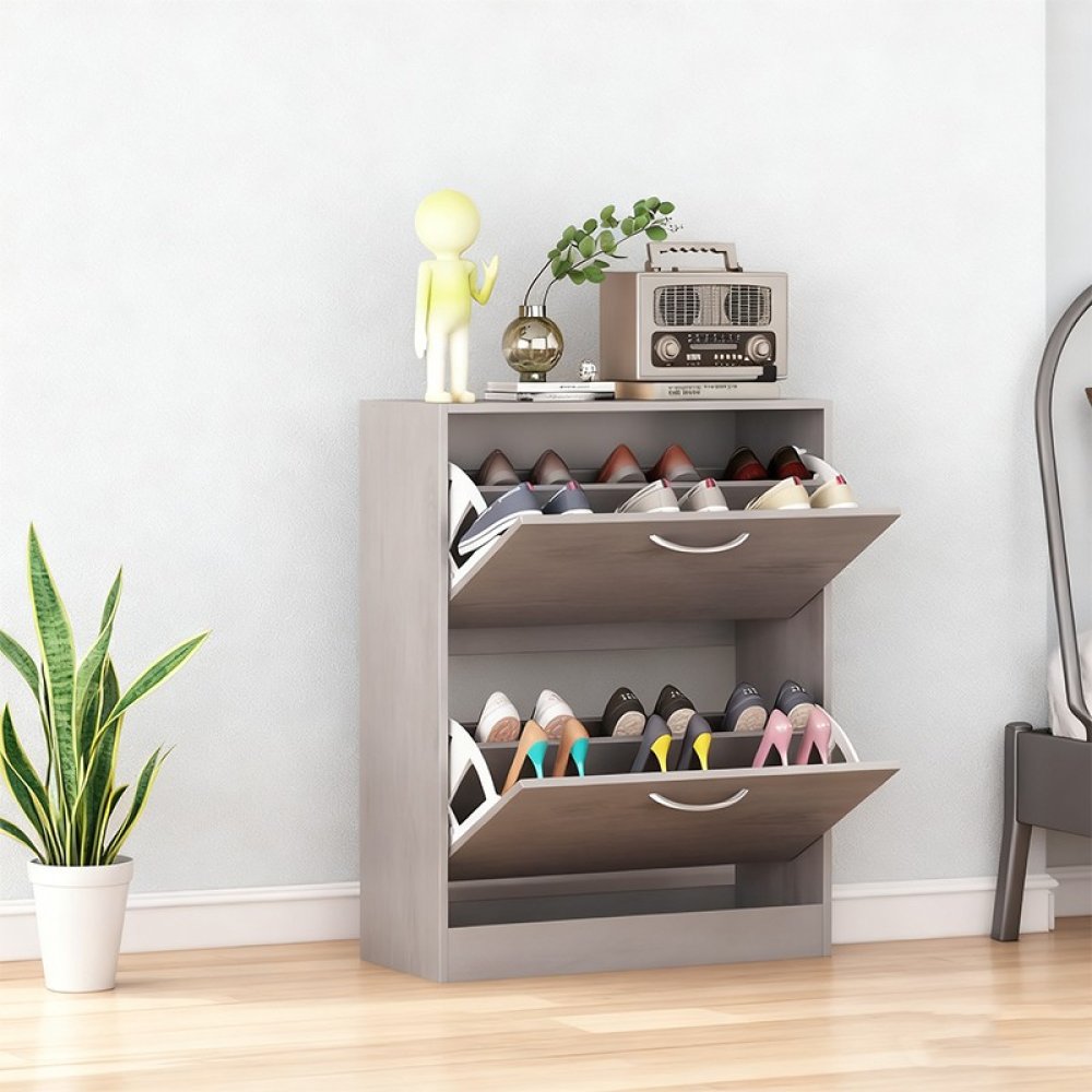 Flat Wood Grey 2-TierShoe Rack Storage Organizer with 2 Flip Drawers