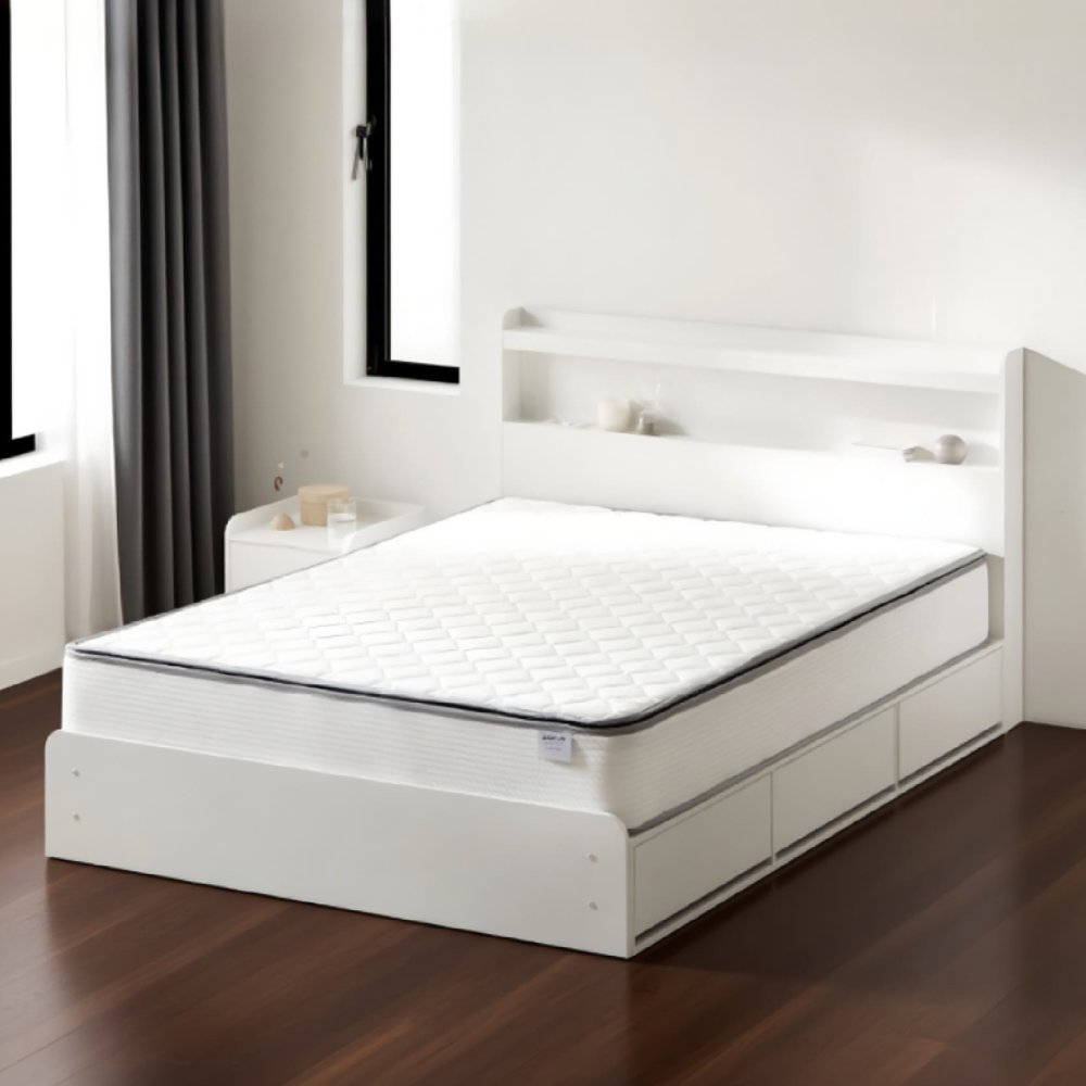 White Wood Full Size Lift Storage Bed with 3 Drawers Functional Panel Headboard