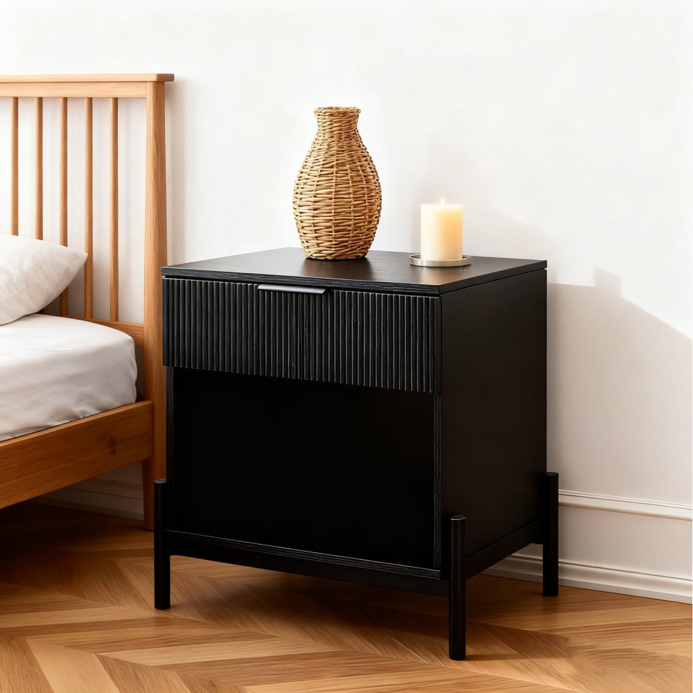 Modern Reeded-Front 1-Drawer Nightstand with Open Cubby