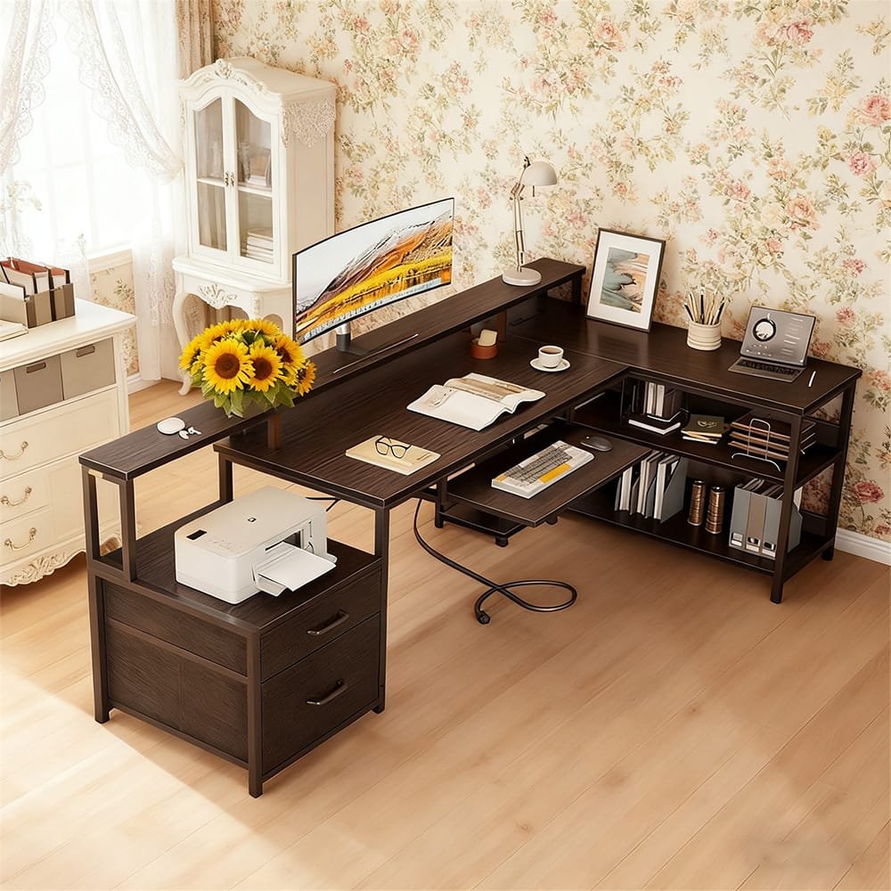  L-Shaped Gaming Desk with Printer Stand &2-Drawer Cabinet High Capacity Storage Home Office Desk