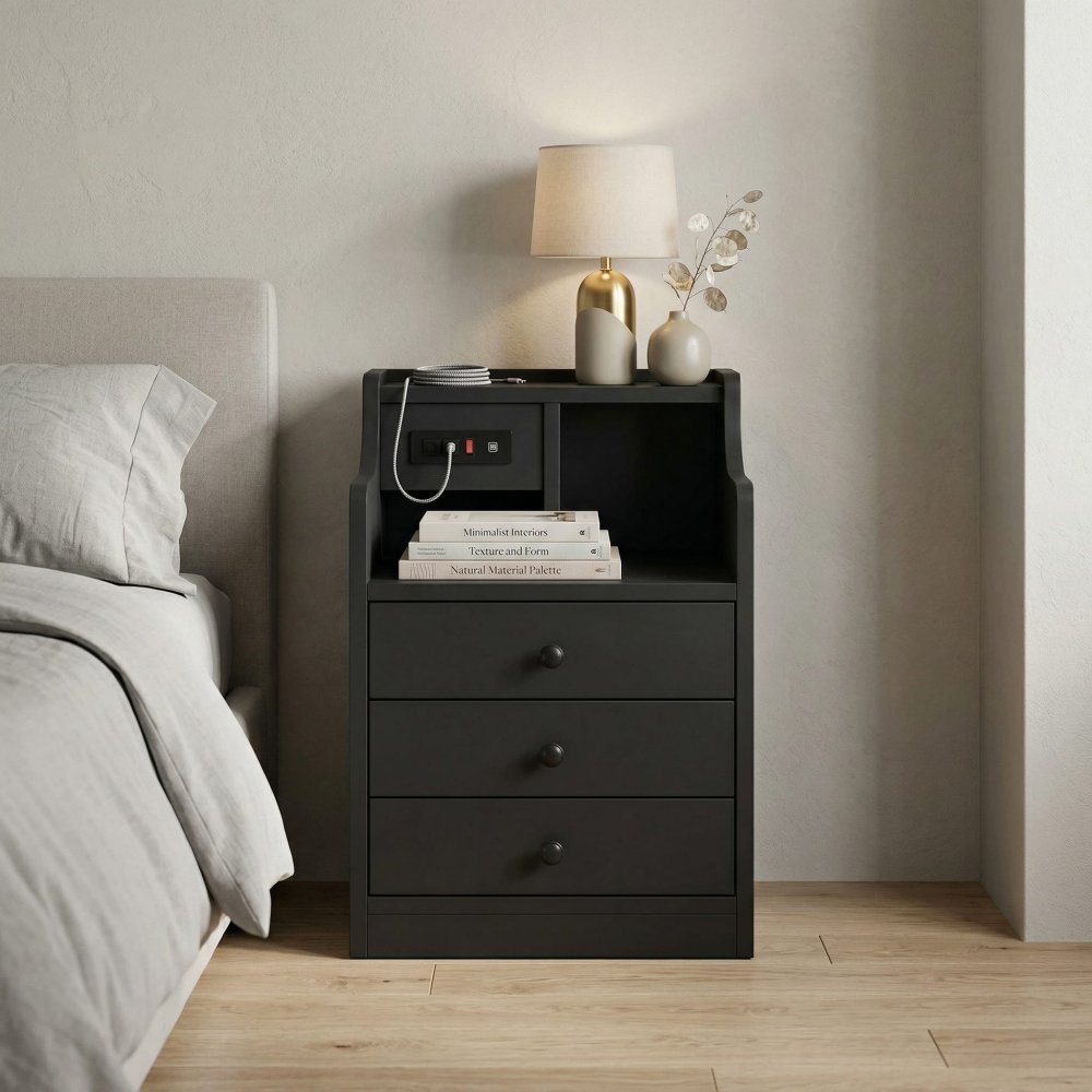 Modern Smart Charging Station Nightstand End Side Tabl with Hutch