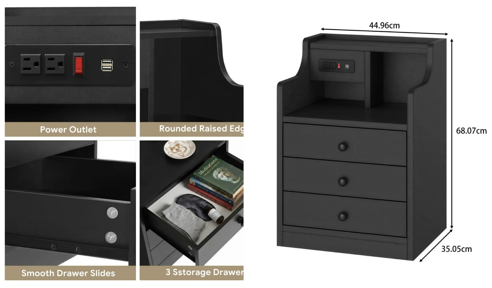 Modern Smart Charging Station Nightstand End Side Tabl with Hutch Detail View