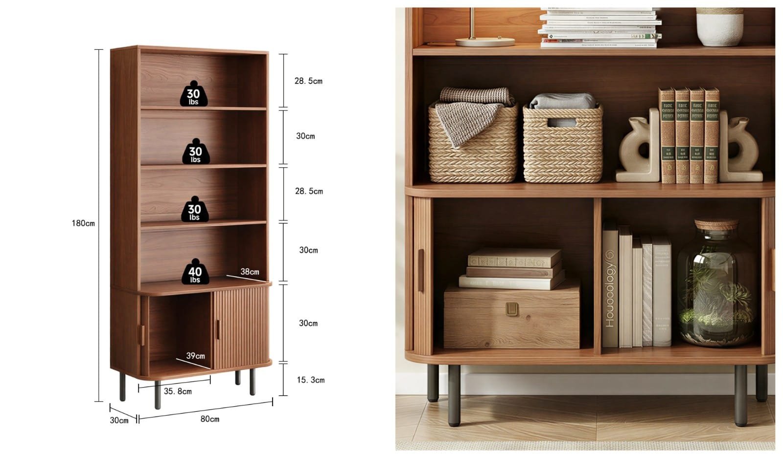 Mid-Century modern freestanding tall walnut 71"4-tier bookshelf with sliding door detail view