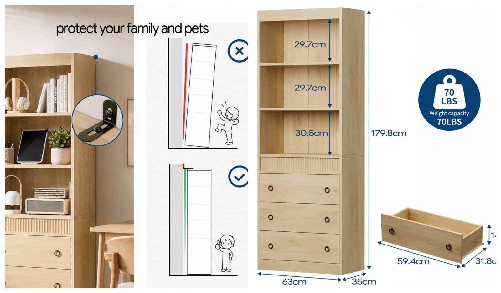 Scandinavian 6 tier tall vertical fluted bookcase with 3 drawers - detail 1