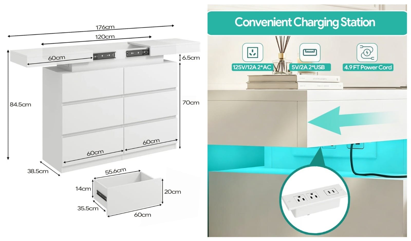 Modern led light 6-drawer chest of dresser with sliding desktop & power outlet - detail & dimensions