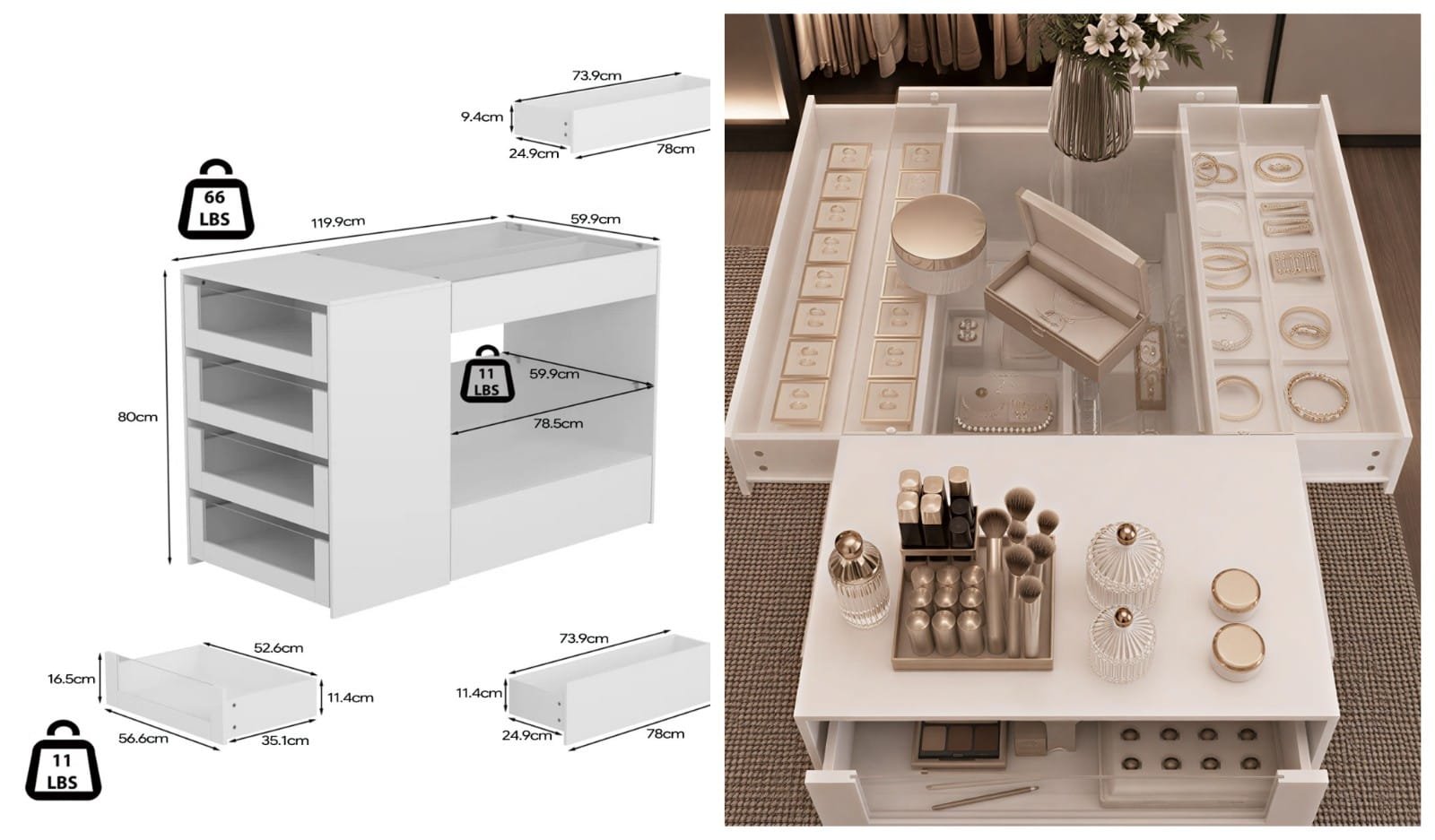 White glass-top display storage cabinet closet island with 8 drawers - detail & dimensions