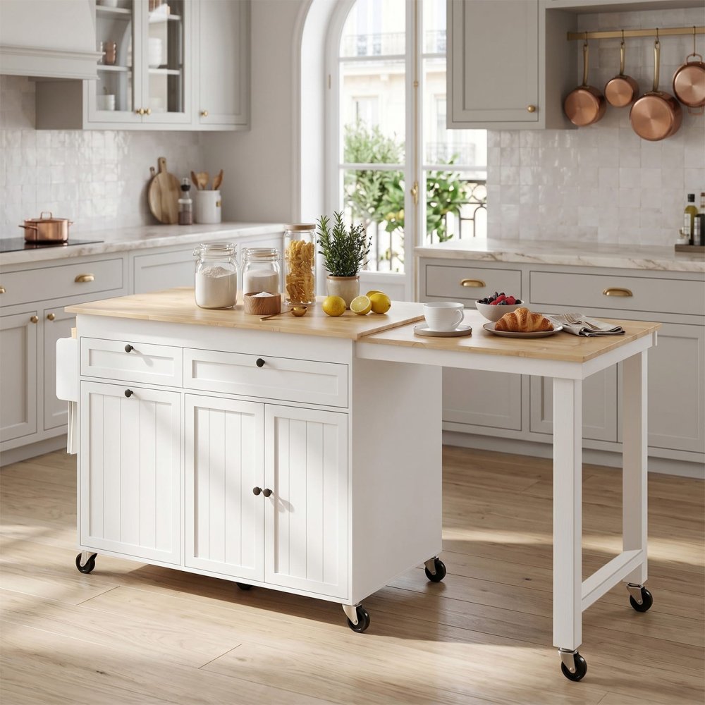 Modern Freestanding Moveable Kitchen Island on Wheels with Extendable Dining Table