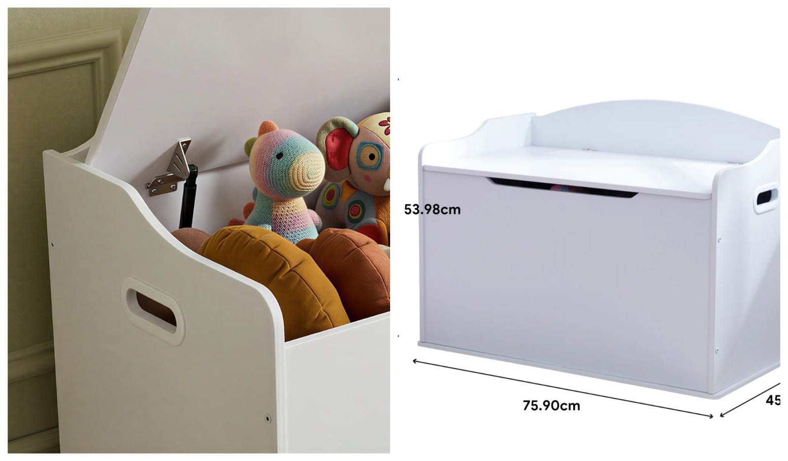 White Rectangular Kid's Wood Toy Box - detail & dimensions
