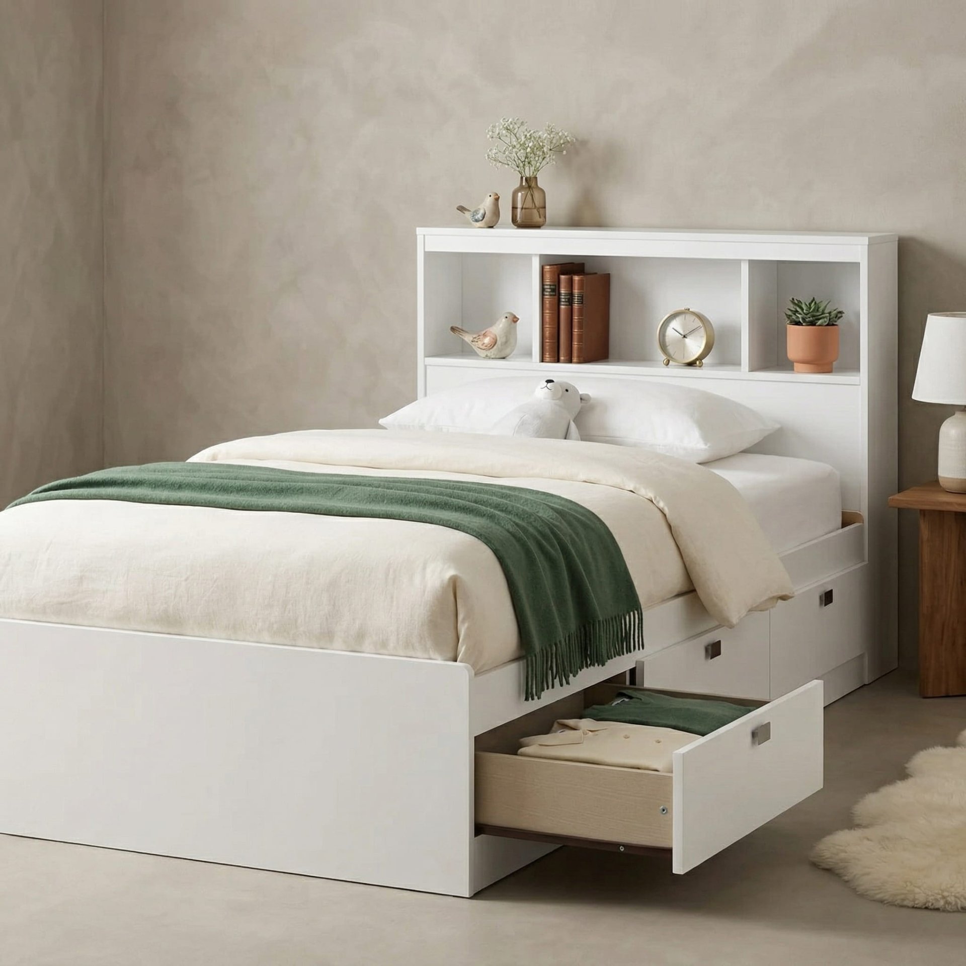 Contemporary Twin Storage Bed With Drawers, Slats and Bookcase Headboard Set - picture 3