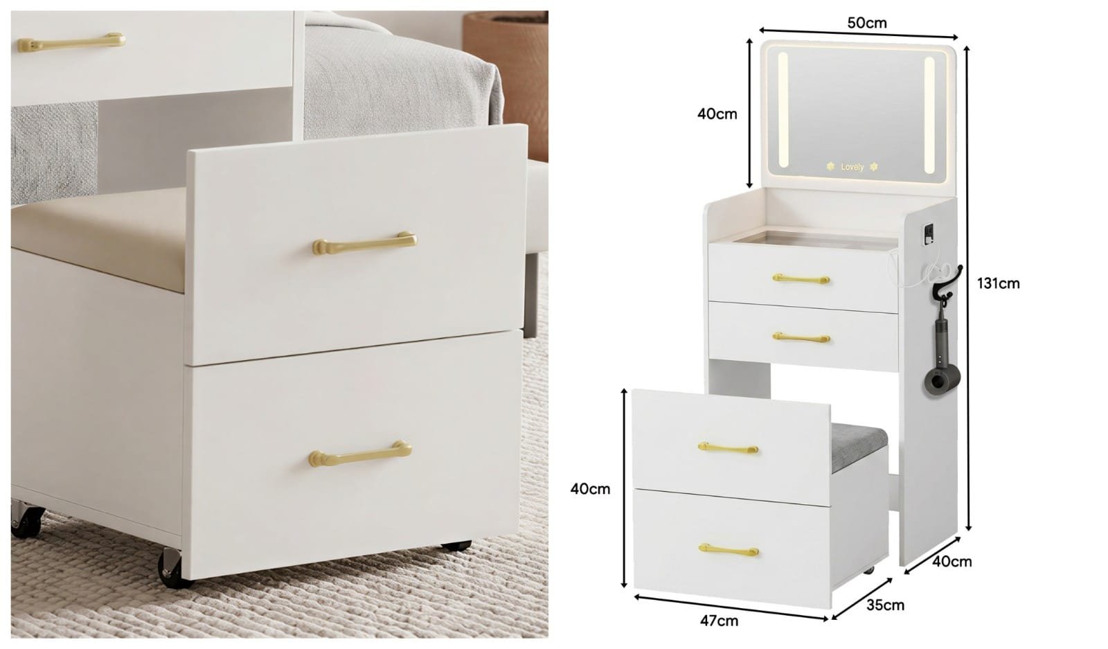 Small 3 in 1 Storage Makeup Vanity Set with Plip Top Mirror - detail & dimensions