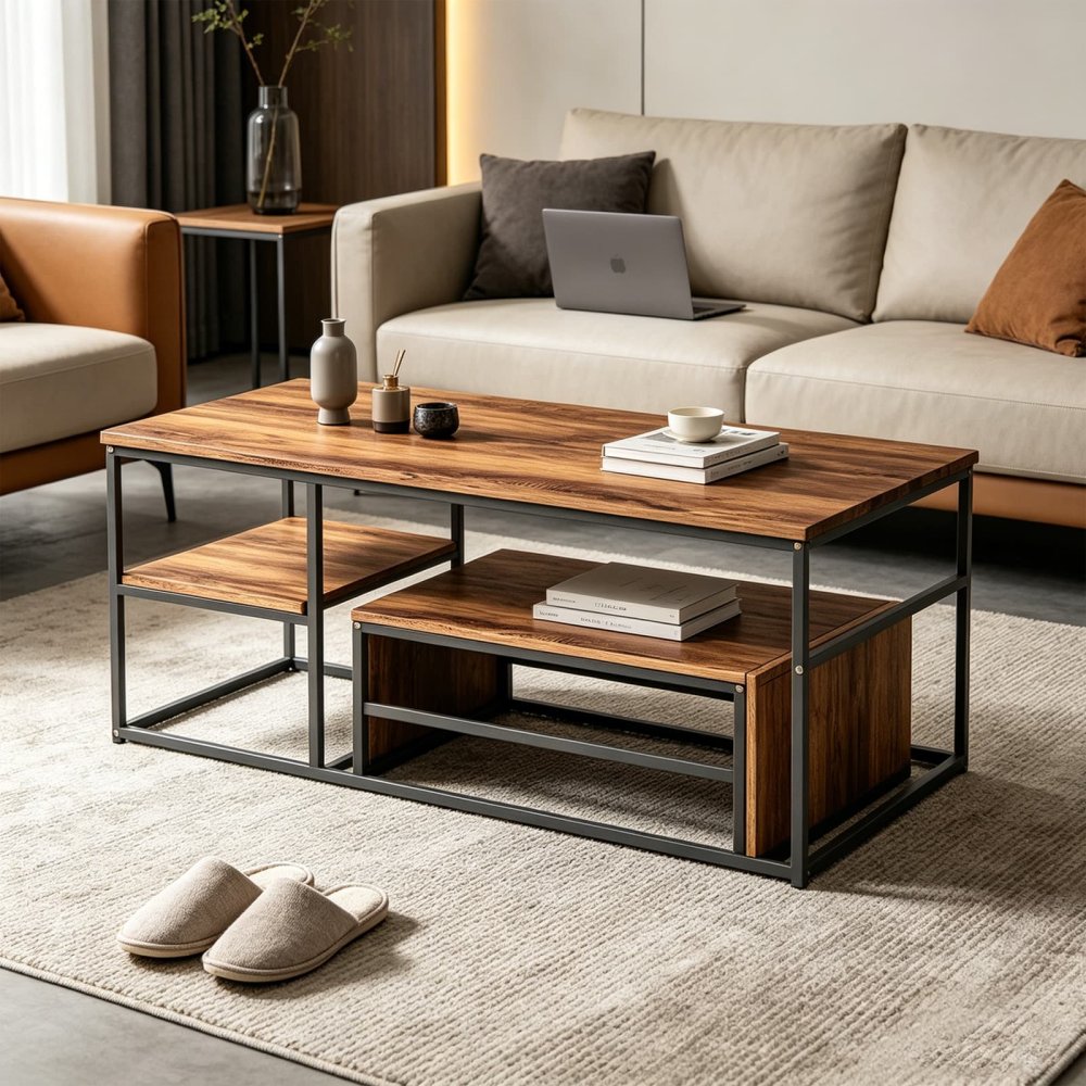 Rectangle 2-Piece Brown Coffee Table Set Small Nest Table