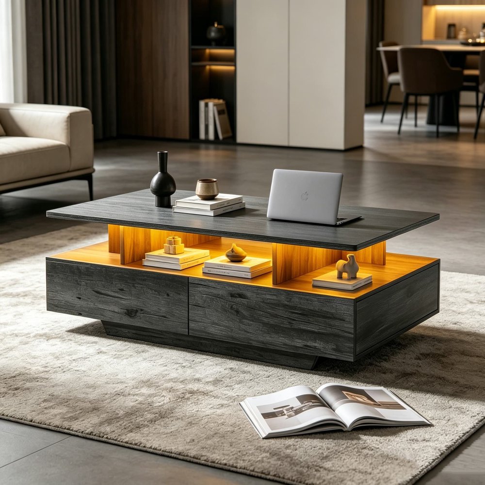 Modern Gray Center Cocktail Table with Led Lights for Living Room