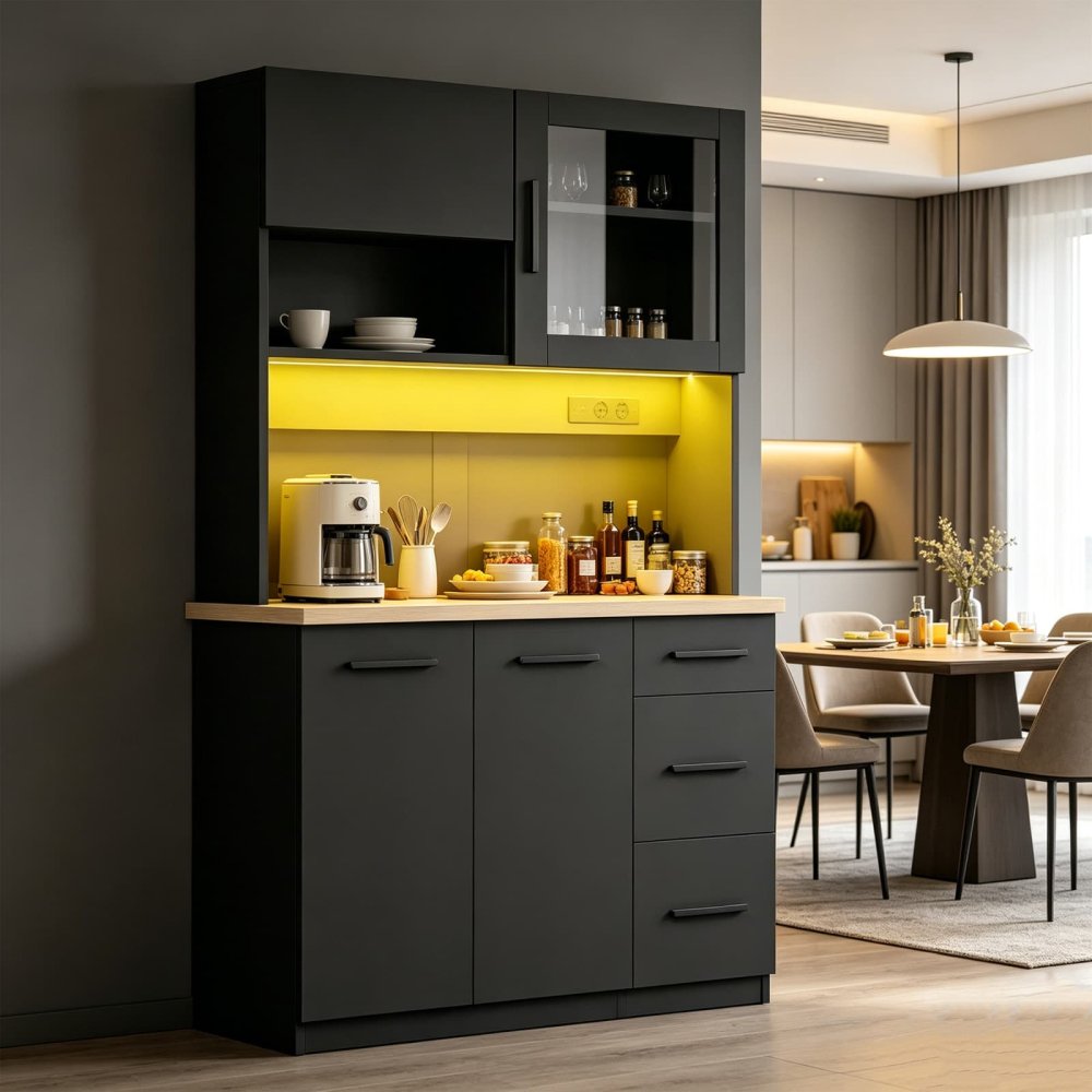 Black LED Kitchen Pantry Cabinet with Hutch, Drawer & Outlets