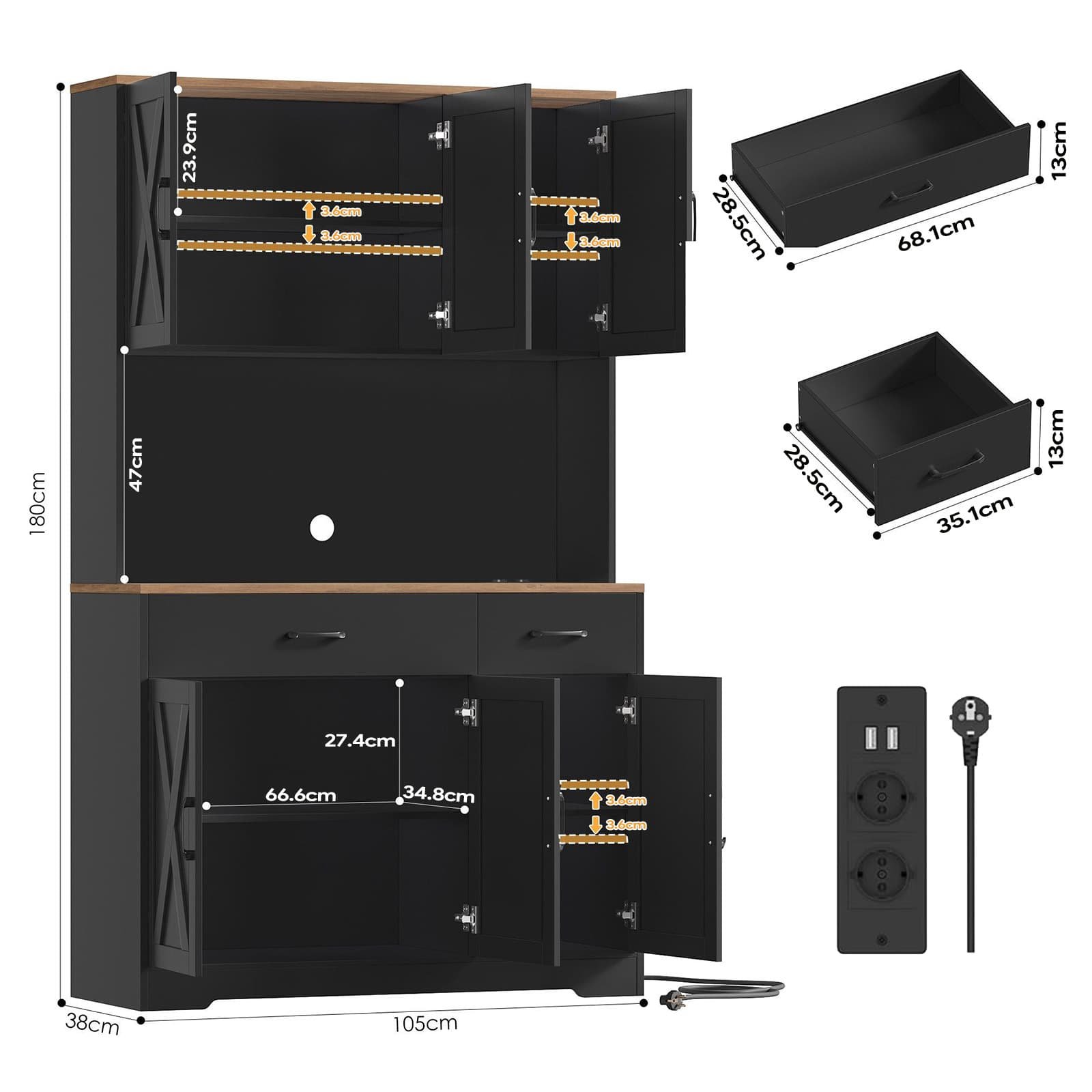 Farmhouse 71 Inch Kitchen Pantry Cabinet with Charging Station and 6 Doors - dimensions