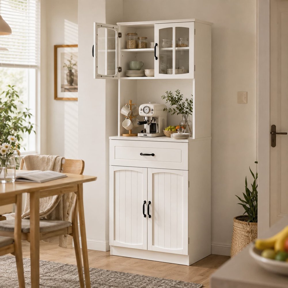 Tall Freestanding Affordable Buffet Cabinet with Glass Doors and Adjustable Shelves
