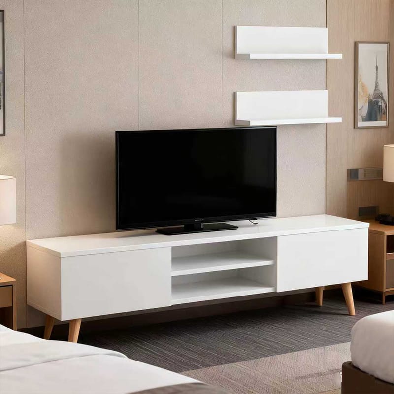 Modern Minimalist Scandinavian TV Stand - Matte Finish with Open Shelving & Solid Wood Legs, KD Flat Pack Furniture
