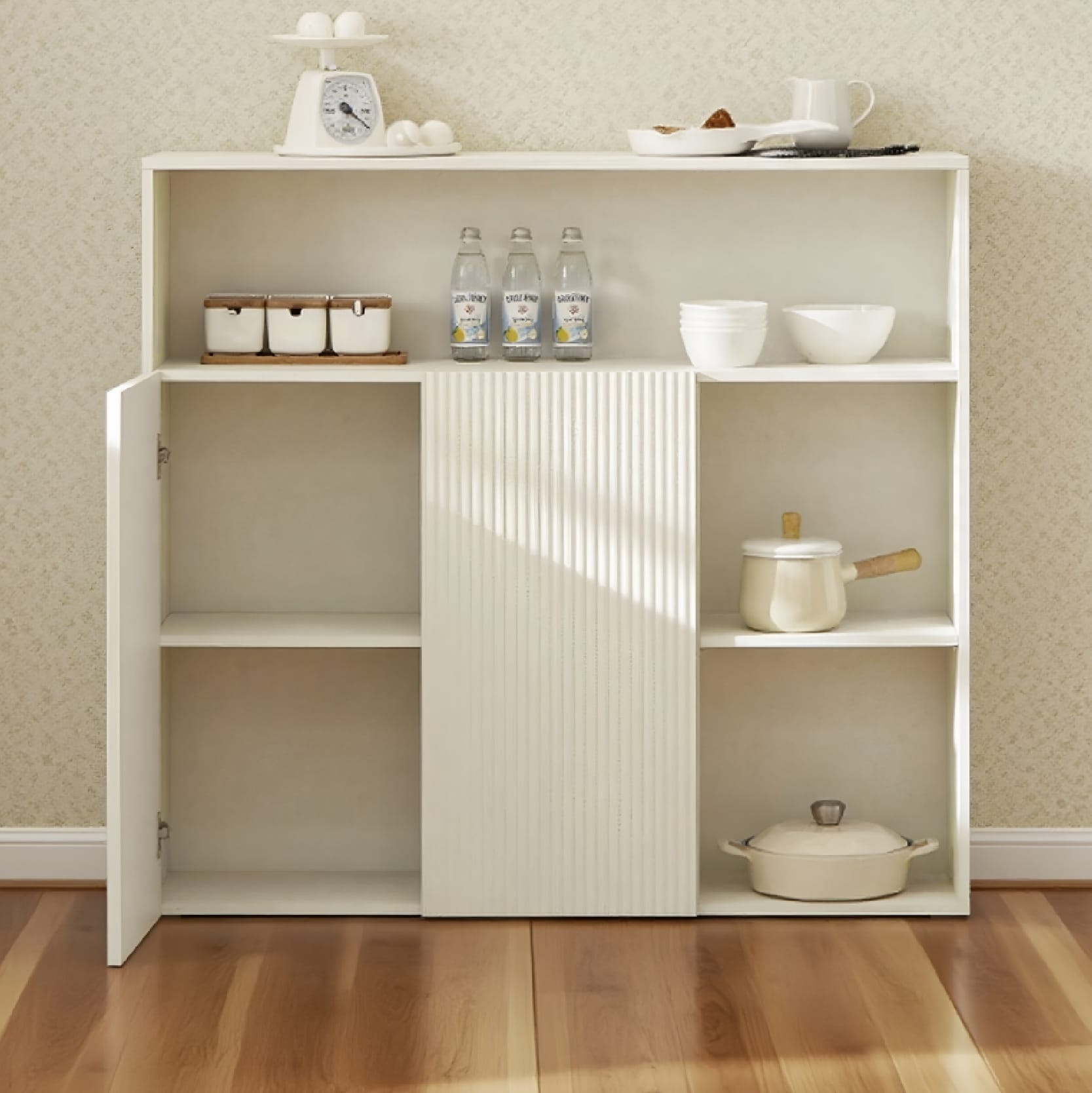 Modern Cream Fluted Door Kitchen Sideboard Multipurpose Coffee Station & Dinnerware Storage