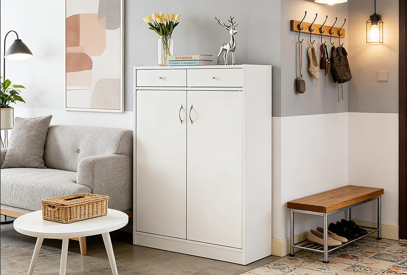 Fenzo Furniture Minimalist Wooden Shoe Accent Cabinet with 2 Doors and 2 Drawers