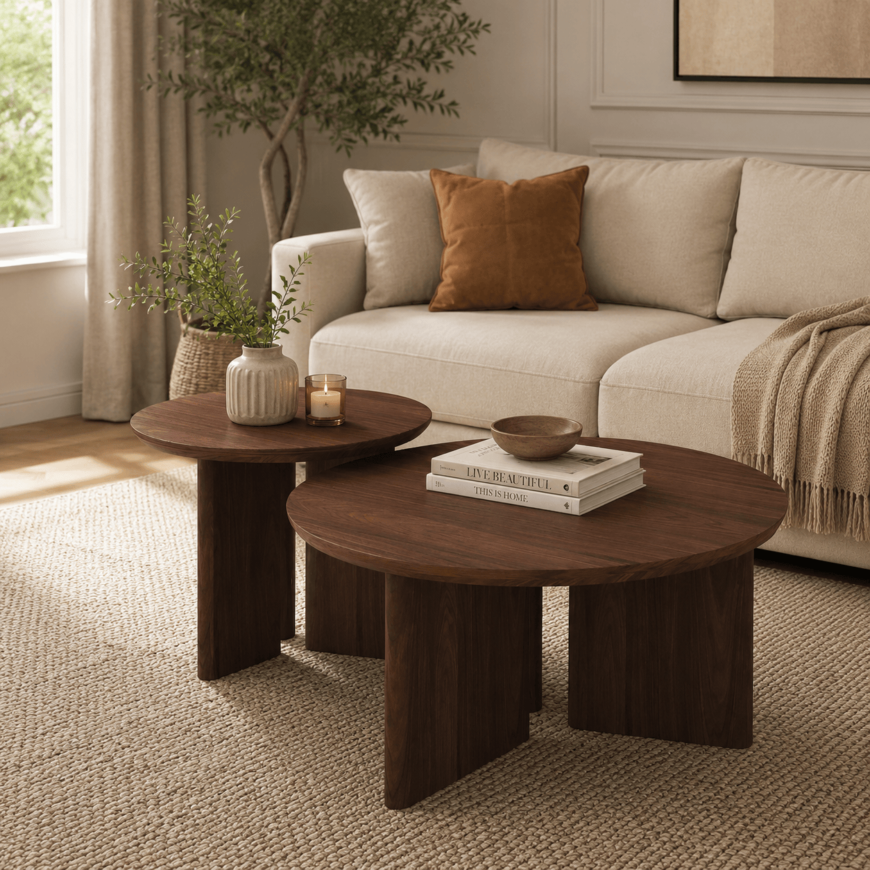 Wood Round Brown Coffee and End Table Set of 2 - picture 3