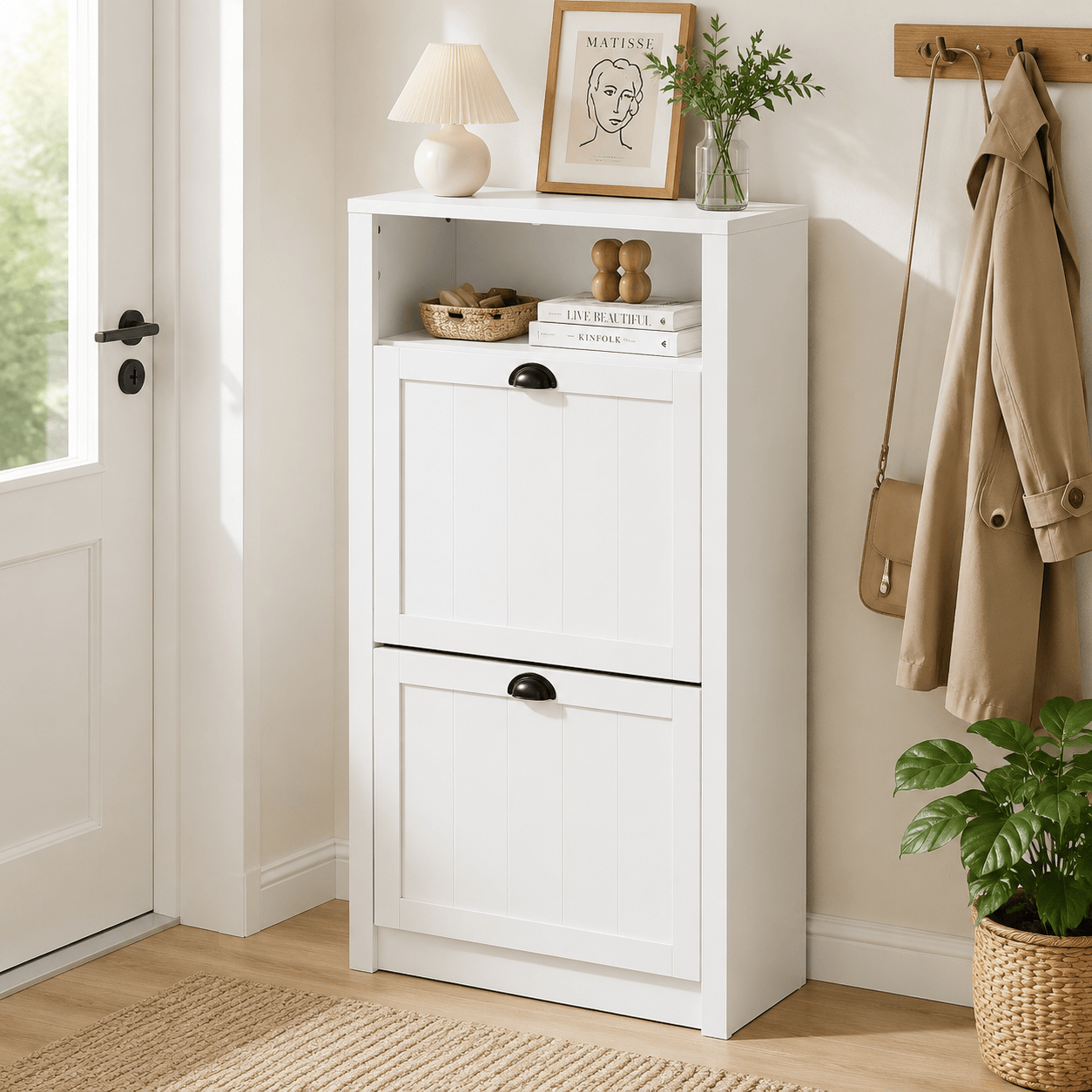 Wood 2 Flip-Drawers Shoe Cupboard with Shelf for Front Entrance - front view