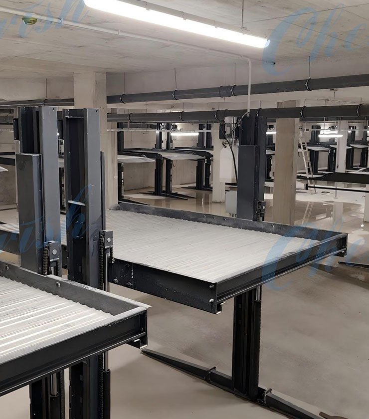 28 Sets of Two Post Parking Lifts in Portugal – Indoor Apartment Basement Project Completed & Installed