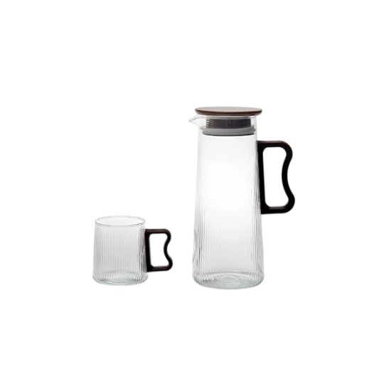 HB3852 3853 Fluted Glass Water Pitcher & Mug Set with Dark Wood Handle