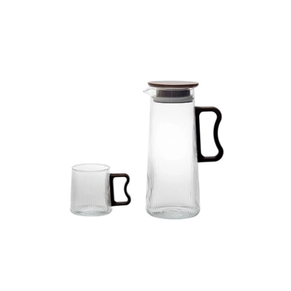 HB3852 3853 Fluted Glass Water Pitcher & Mug Set with Dark Wood Handle
