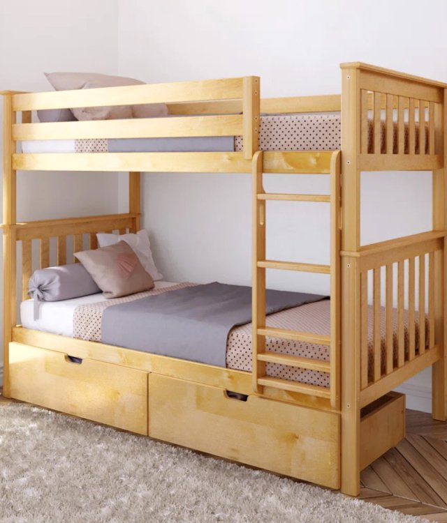 Twin Over Twin Bunk Bed with 2 Storage Drawers – Solid Pine Classic Kids’ Bed