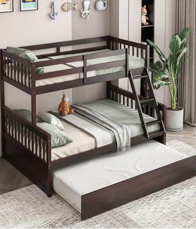 Twin Over Full Bunk Bed with Trundle – Convertible Solid Wood Space-Saving Bed Frame