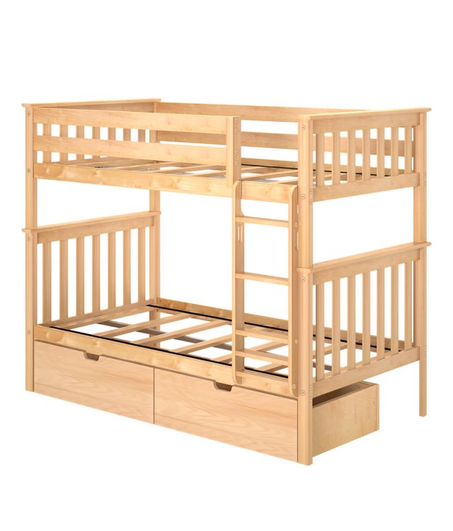 Twin Over Twin Bunk Bed with 2 Storage Drawers – Solid Pine Classic Kids’ Bed