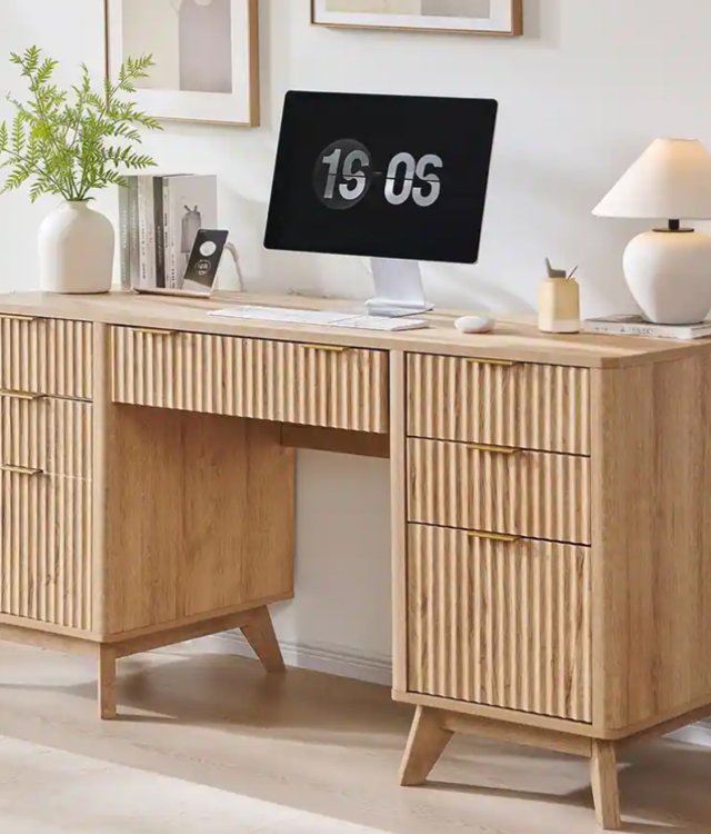 60 Inch Fluted Solid Wood Executive Desk with Charging Station & File Drawer – Natural Oak Finish