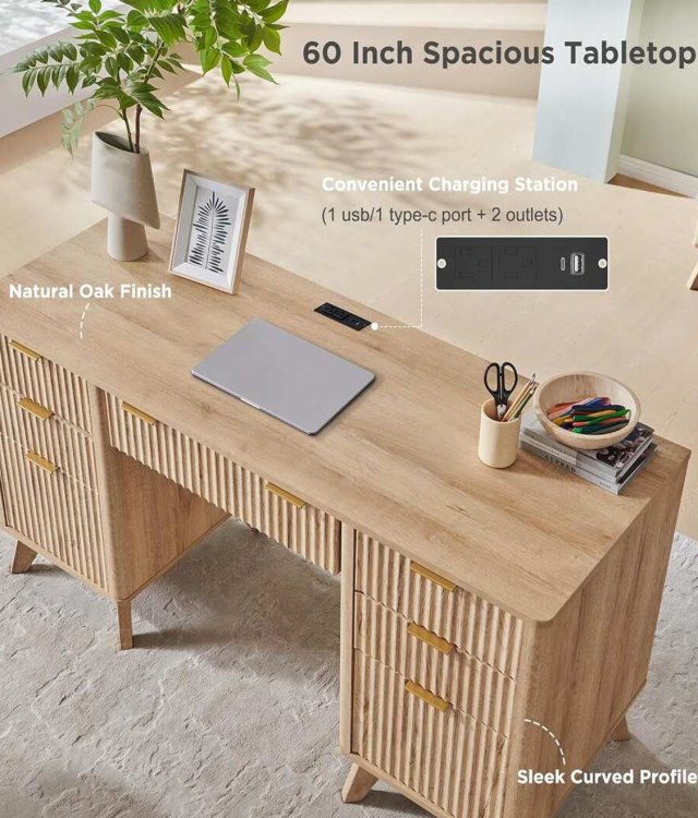 60 Inch Fluted Solid Wood Executive Desk with Charging Station & File Drawer – Natural Oak Finish