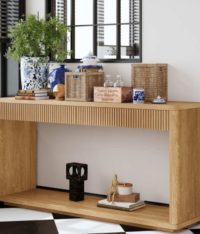 Modern Fluted 2-Drawer Console Table | Light Oak Entryway & Sofa Table