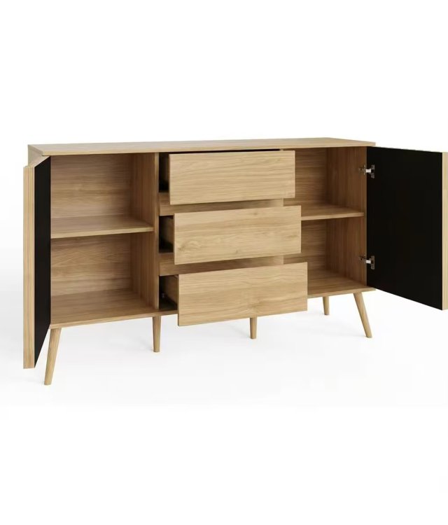 Solid Wood Sideboard with Fluted Doors | 3-Drawer Storage Cabinet | Natural Oak Finish for Living Room & Dining Room
